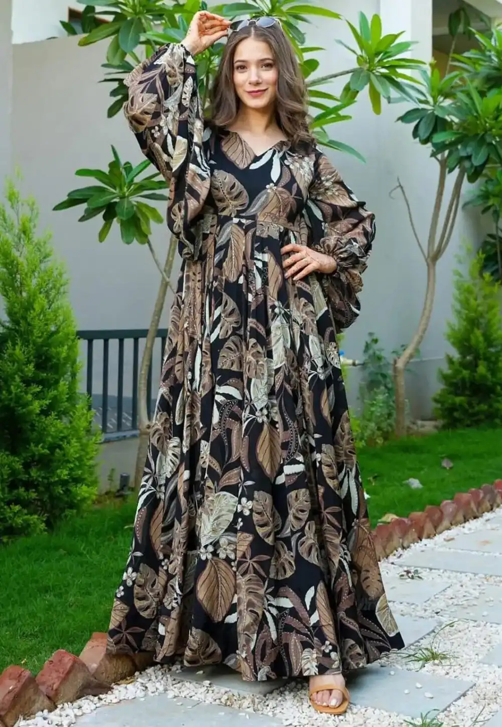 Black Chinon Printed Gown 293457