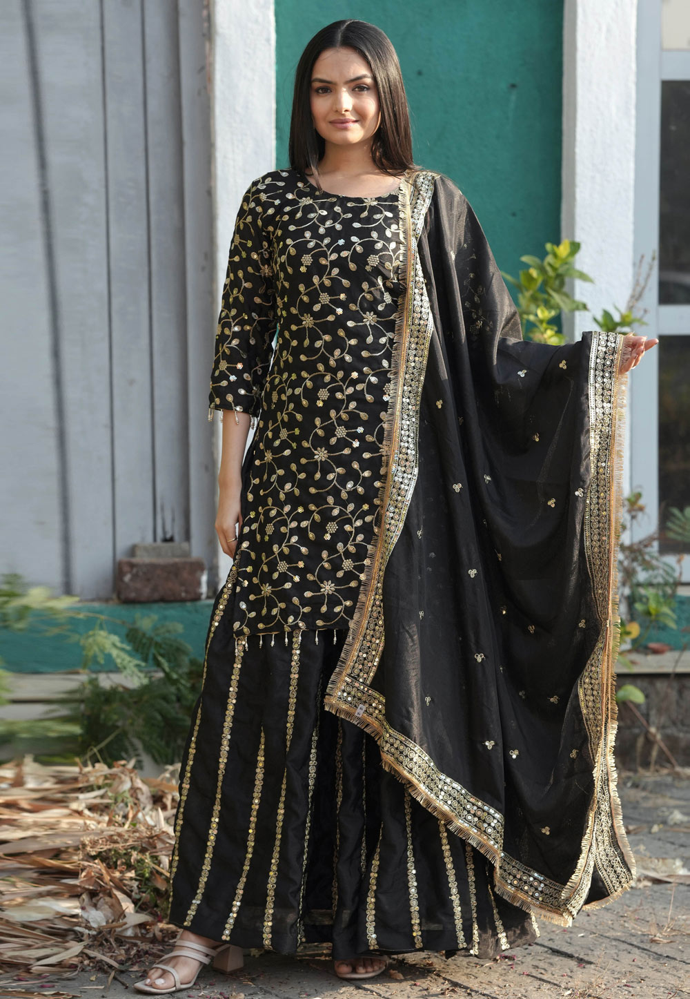 Black Chinon Readymade Long Choli Lehenga 311172