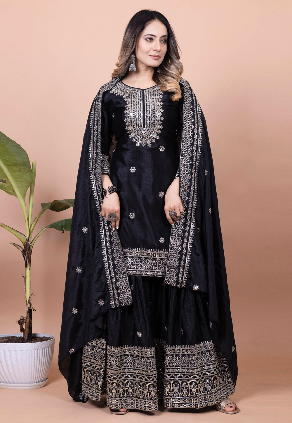 Black Chinon Readymade Sharara Suit 310383