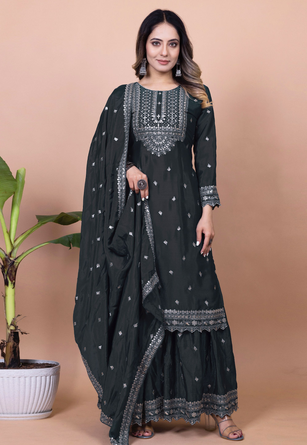 Black Chinon Readymade Sharara Suit 310976