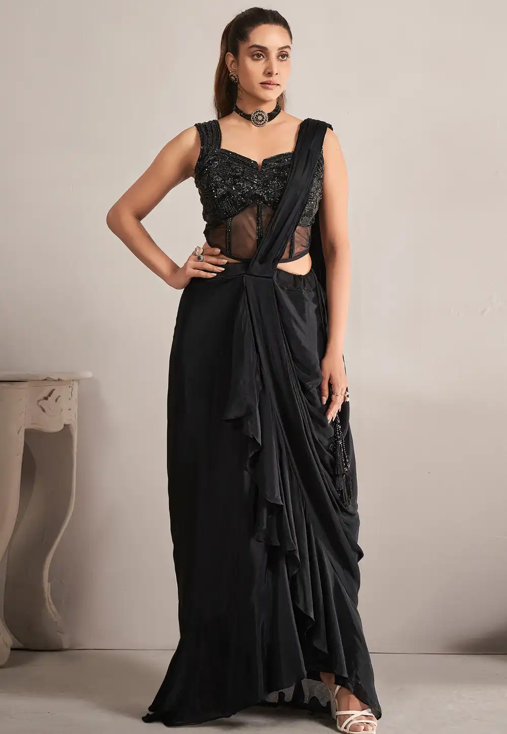 Black Chinon Saree With Blouse 292786