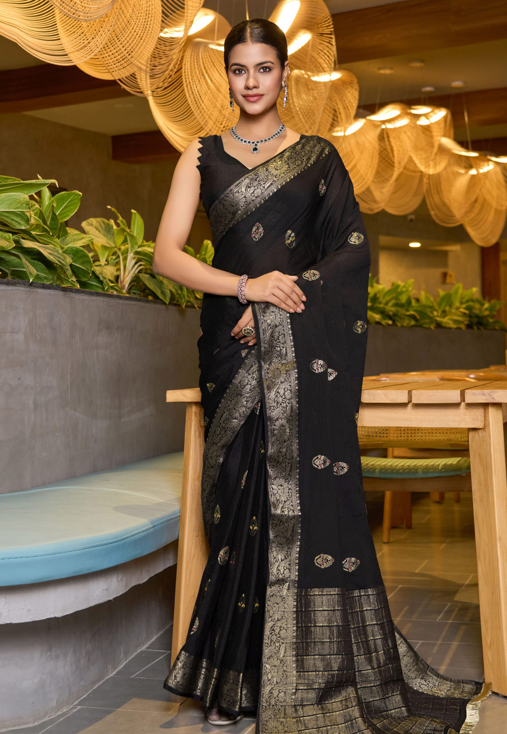 Black Chinon Saree With Blouse 309637