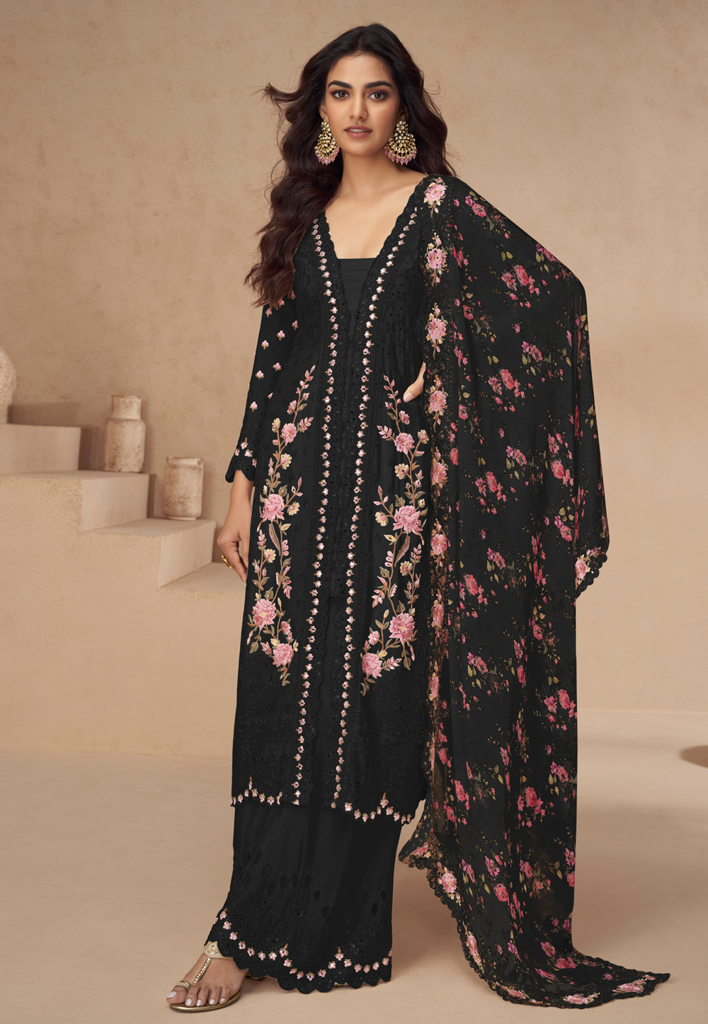 Black Chinon Silk Embroidered Pakistani Suit 309332