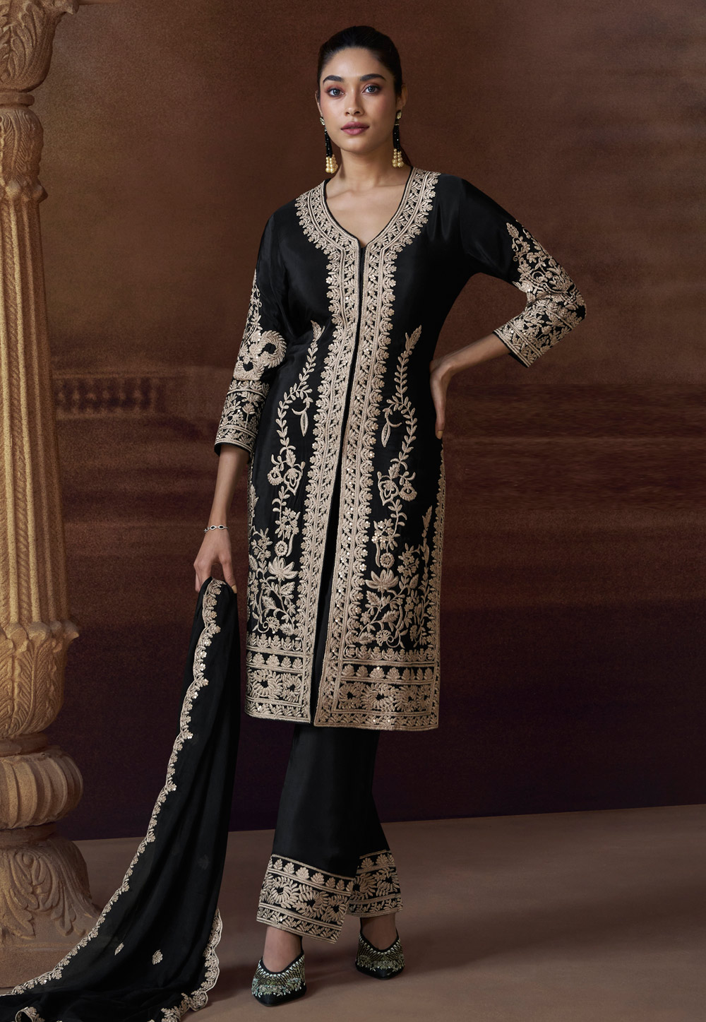 Black Chinon Silk Embroidered Pakistani Suit 305523