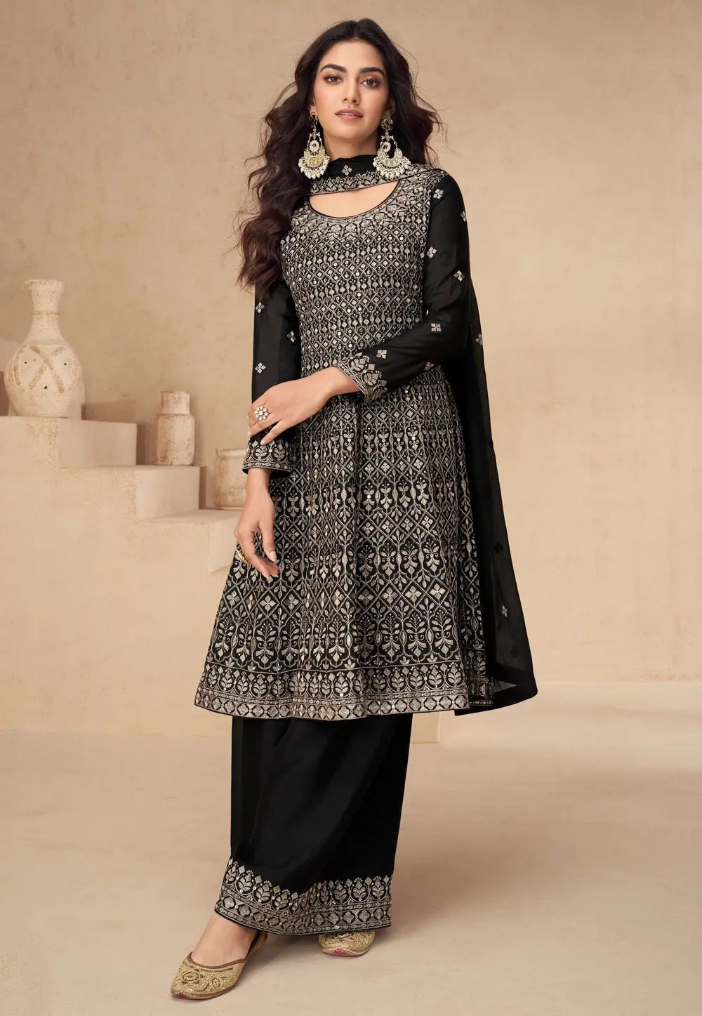 Black Chinon Silk Embroidered Palazzo Suit 300391