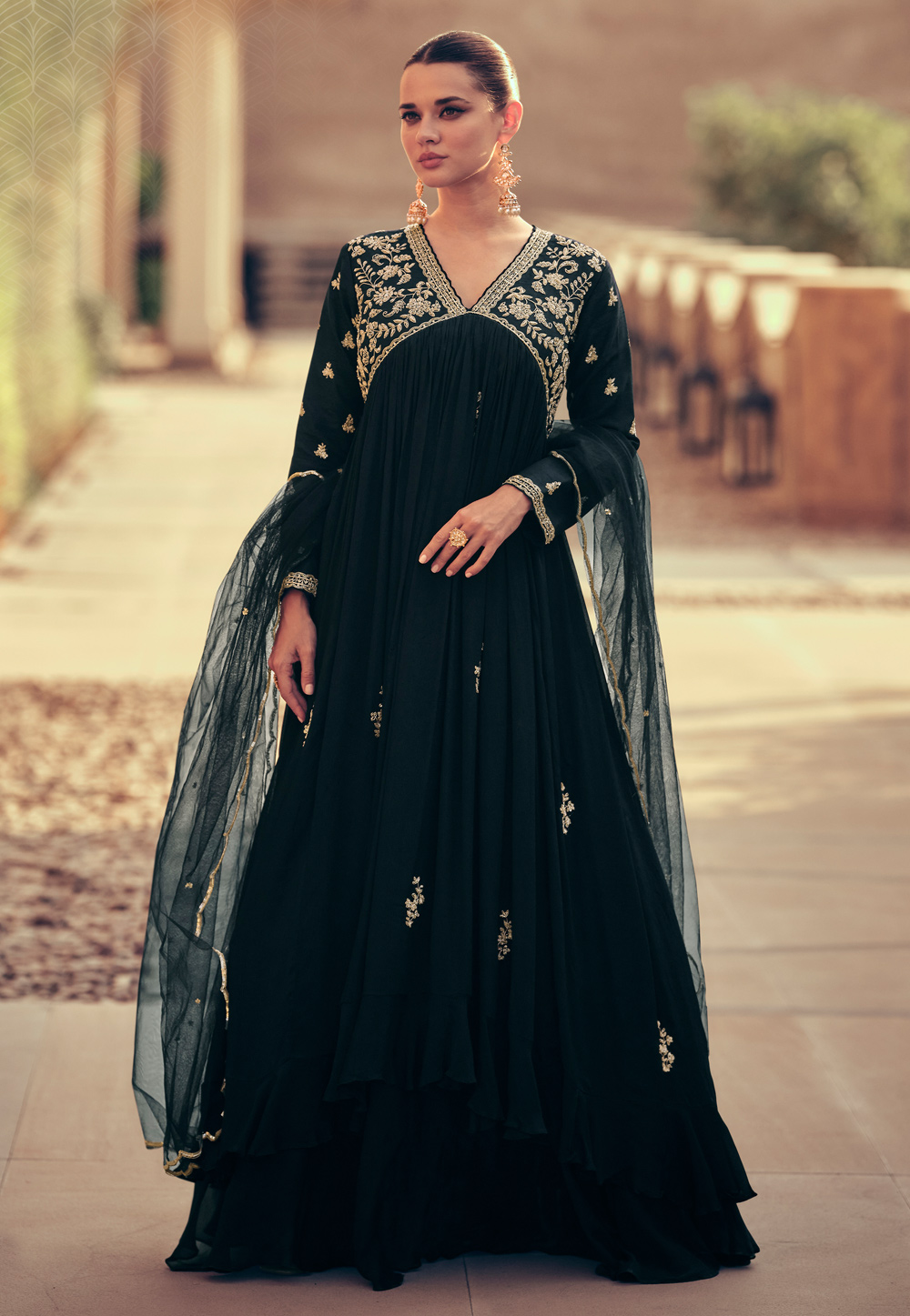 Black Chinon Silk Floor Length Anarkali Suit 280725