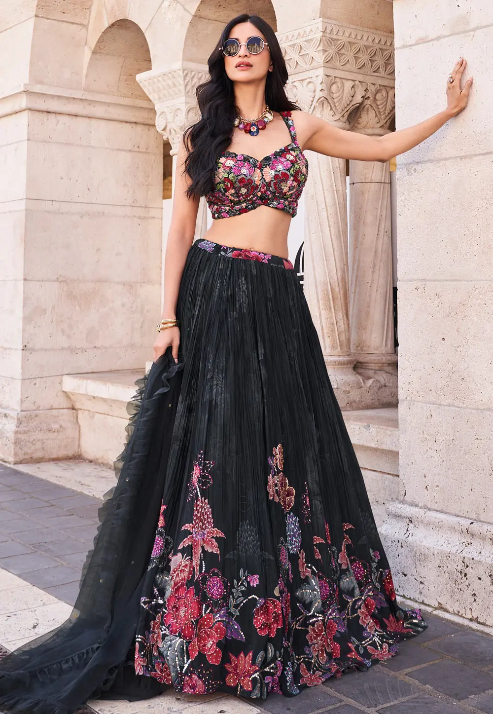 Black Chinon Silk Floral print Lehenga choli 303301