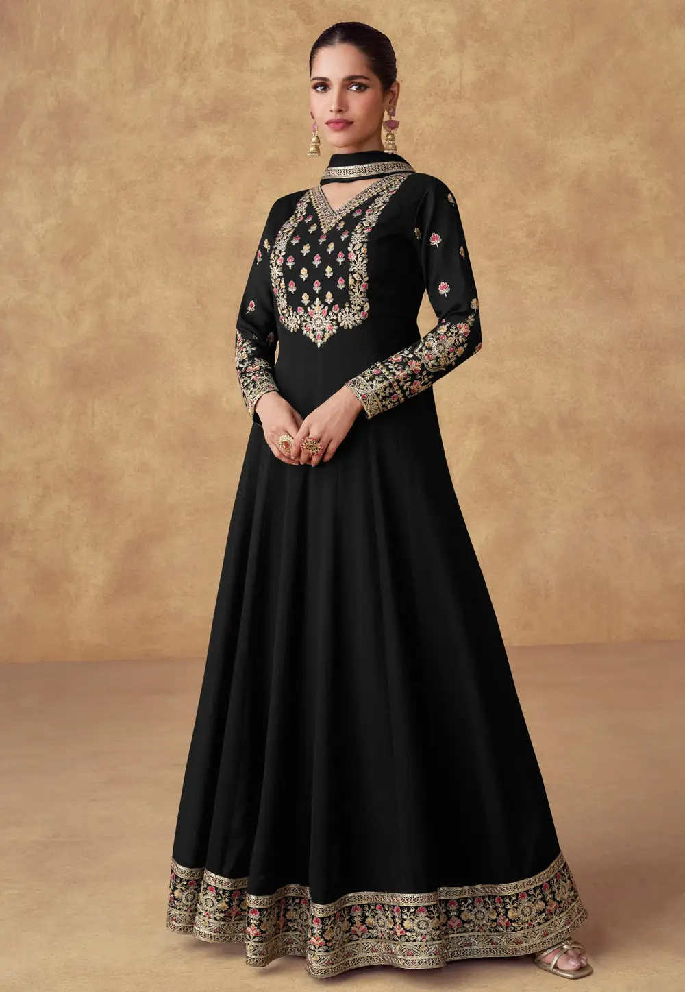 Black Chinon Silk Long Anarkali Suit 297097