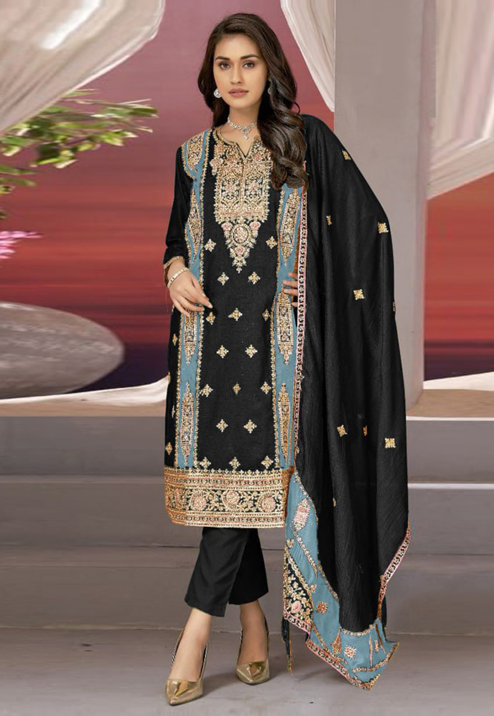 Black Chinon Silk Pakistani Suit 285628