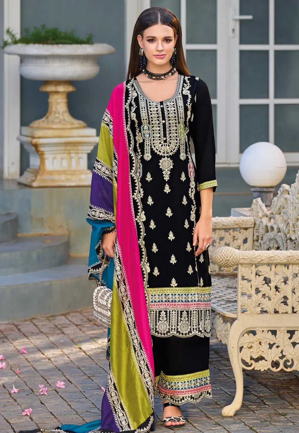 Black Chinon Silk Pakistani Suit 301467