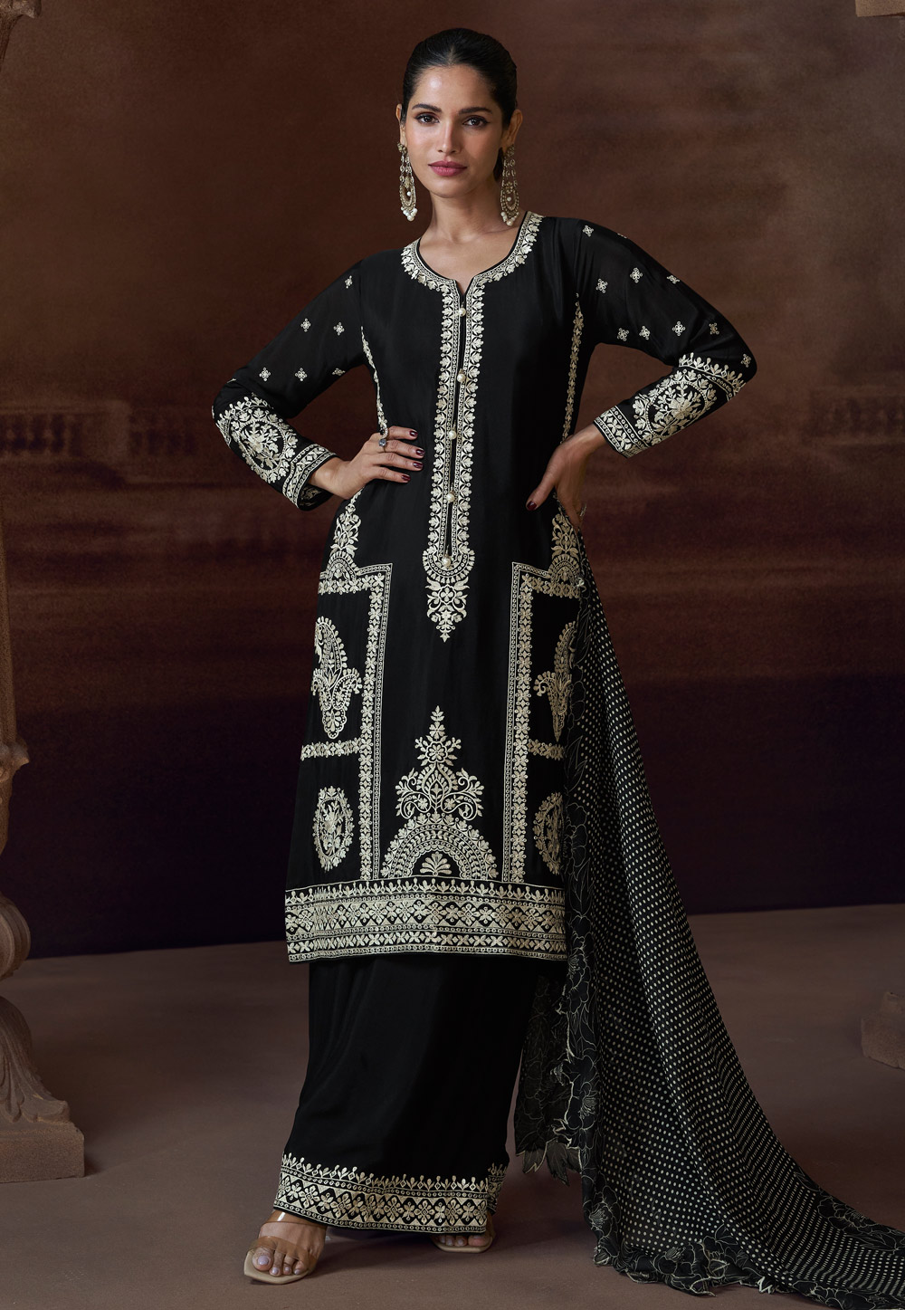 Black Chinon Silk Pakistani Suit 305525