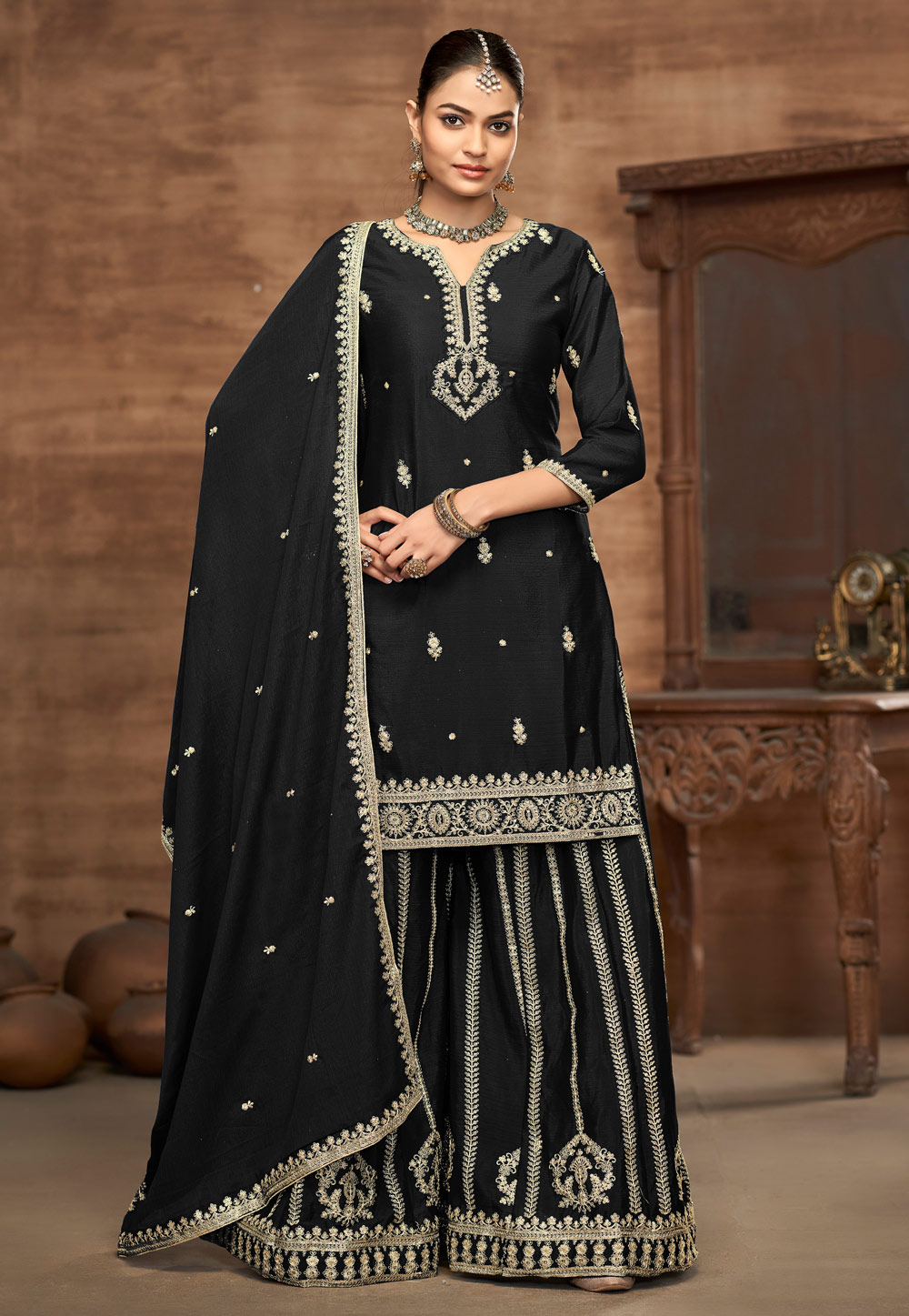 Black Chinon Silk Palazzo Suit 309202