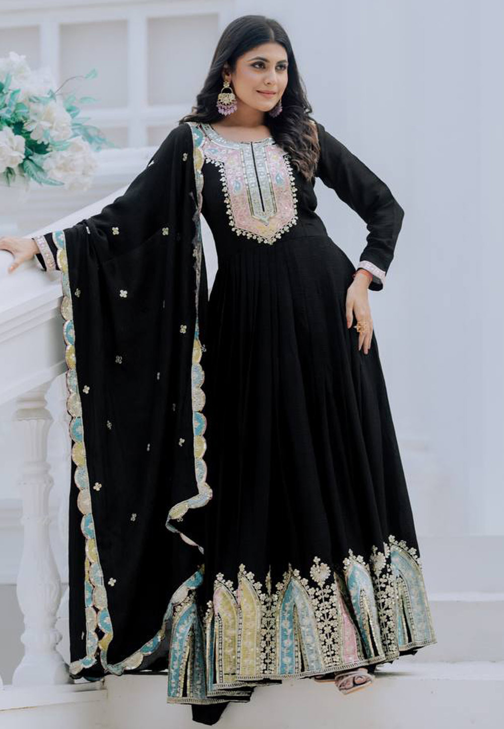 Black Chinon Silk Readymade Long Anarkali Suit 309343