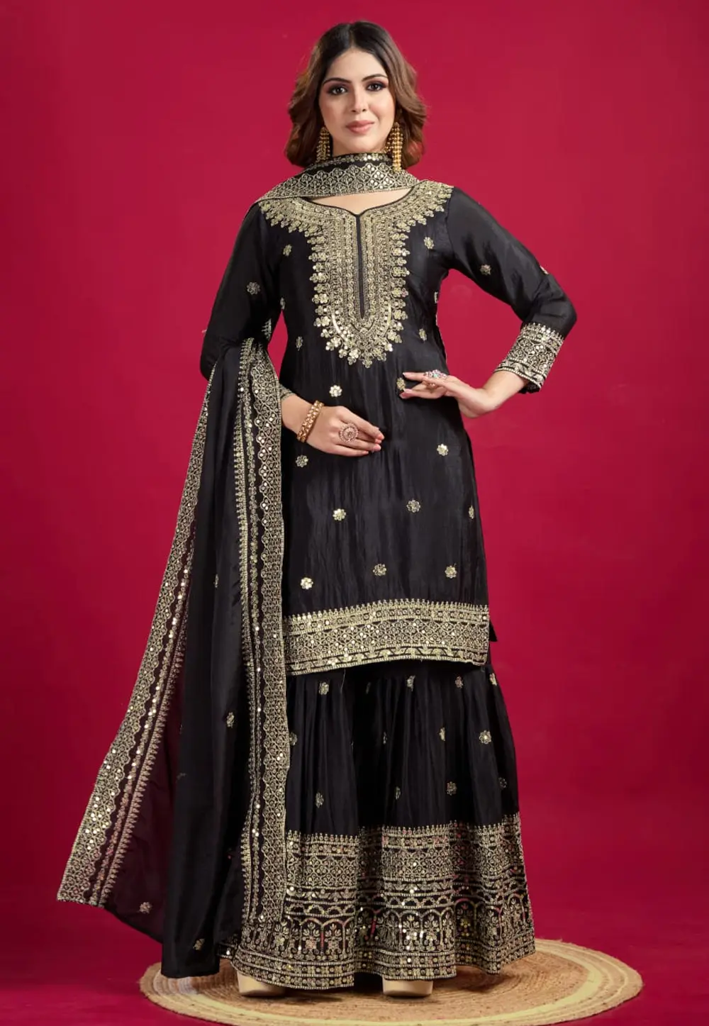 Black Chinon Silk Readymade Pakistani Suit 304644