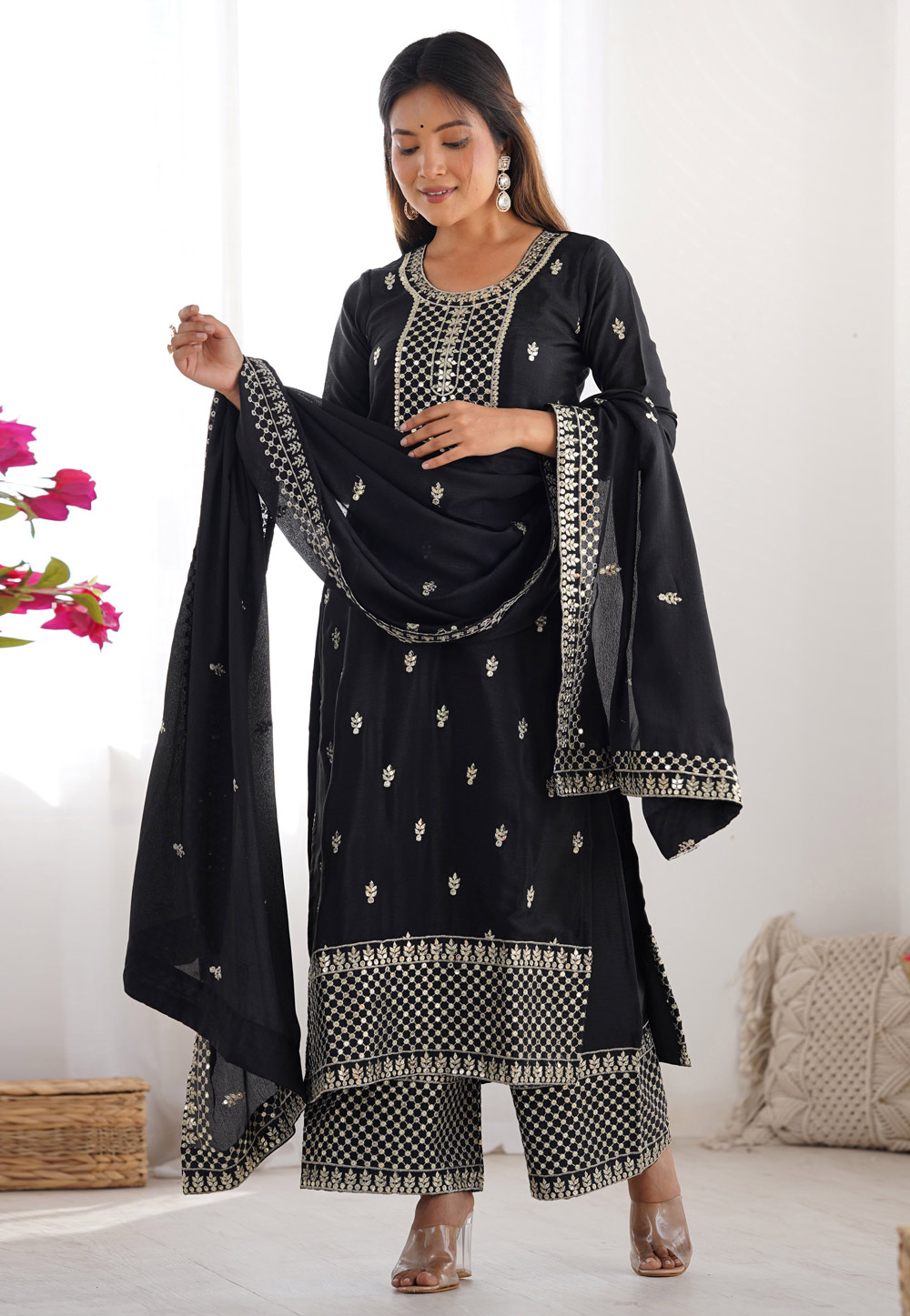 Black Chinon Silk Readymade Palazzo Suit 309615