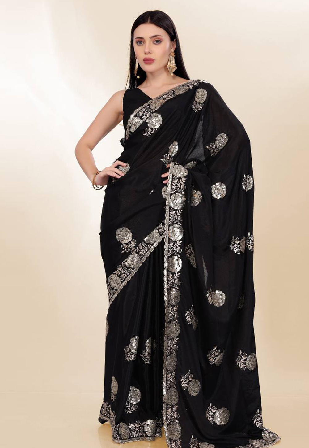 Black Chinon Silk Saree With Blouse 305672