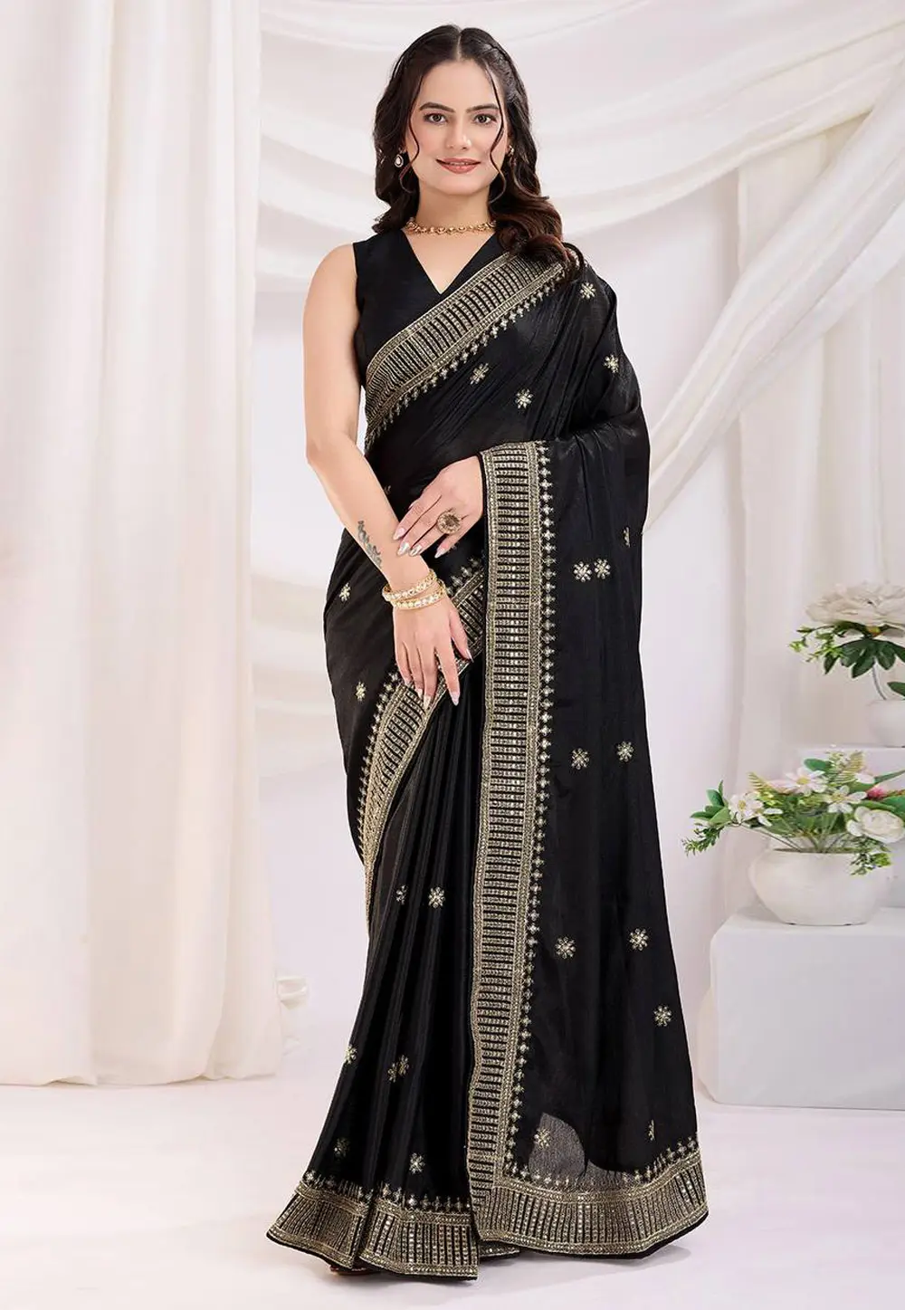 Black Chinon Silk Saree With Blouse 302841