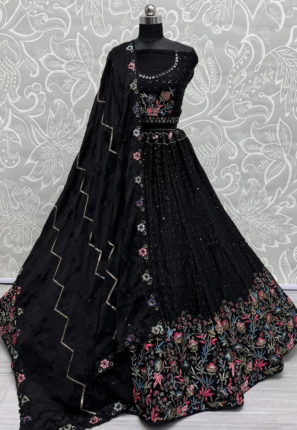 Black Chinon Wedding Lehenga Choli 300554