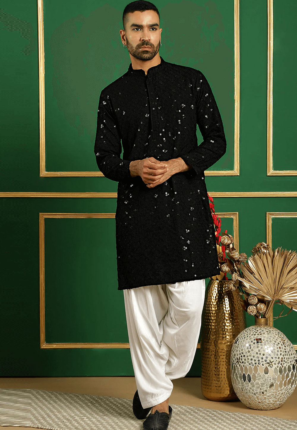 Black Cotton Dhoti Kurta 287630