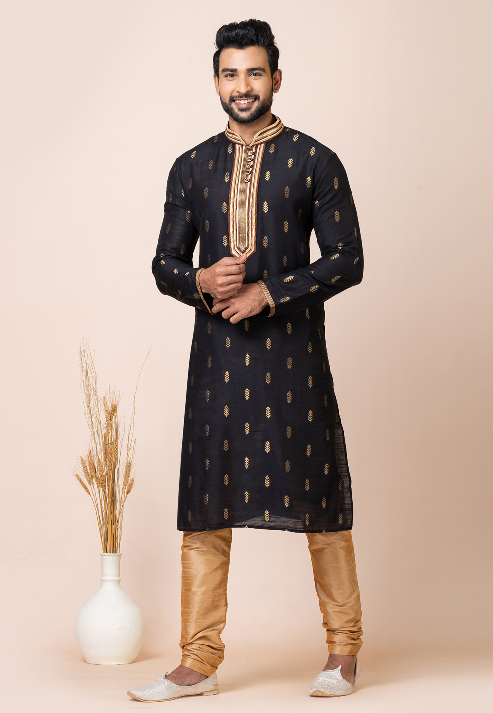 Black Cotton Jacquard Kurta Pajama 286247