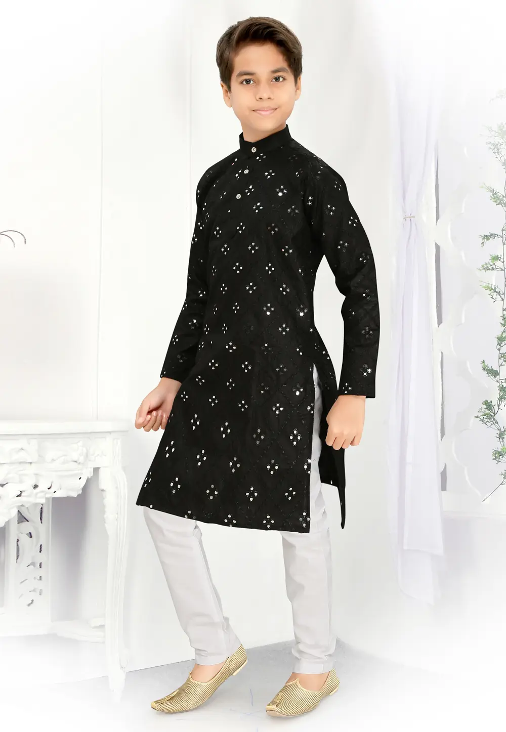 Black Cotton Kids Kurta Pajama 298425