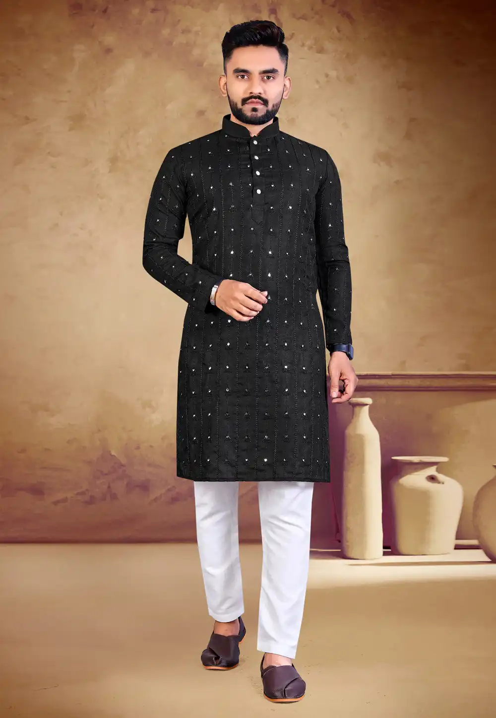 Black Cotton Kurta Pajama 293413