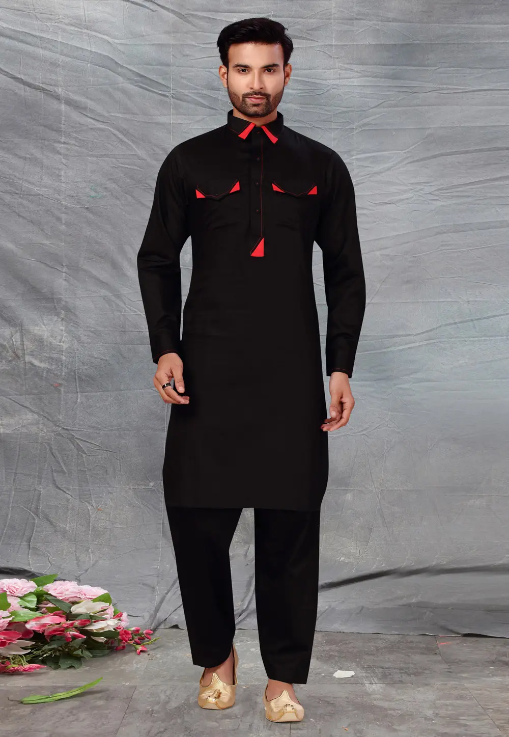 Black Cotton Pathani Suit 300206