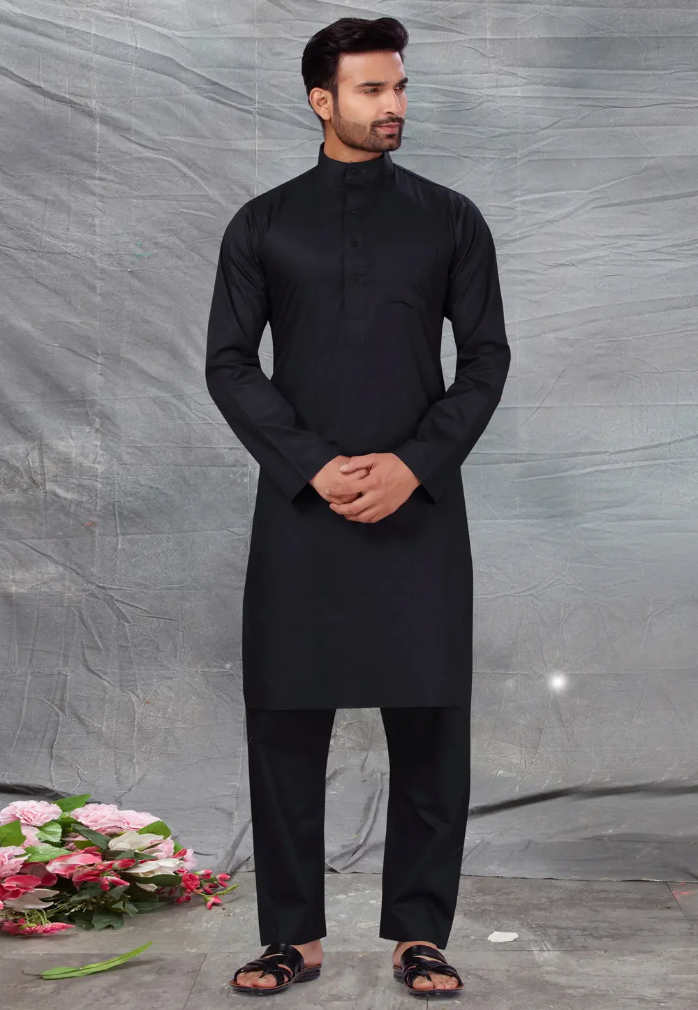 Black Cotton Pathani Suit 300240