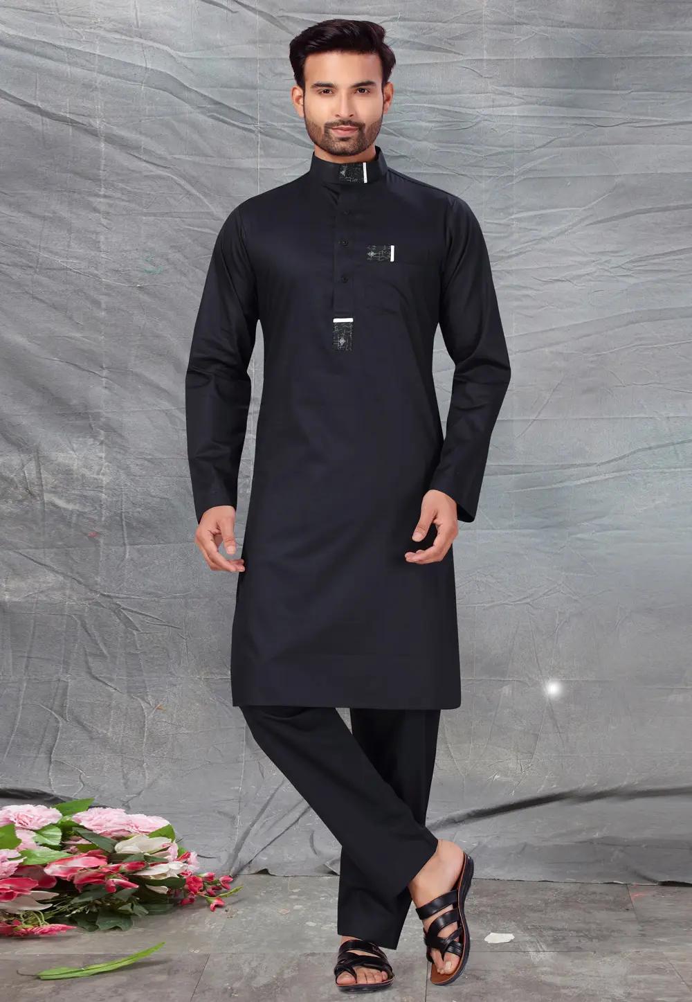 Black Cotton Pathani Suit 300241