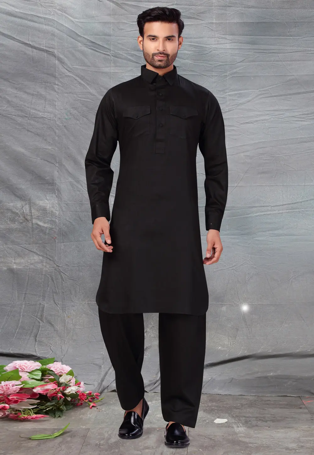 Black Cotton Pathani Suit 300243