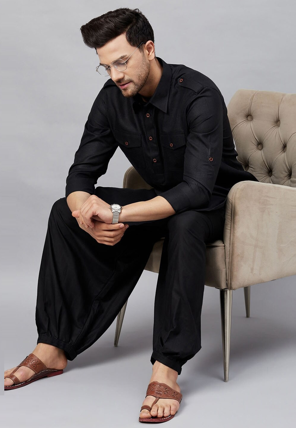 Black Cotton Pathani Suit 309754