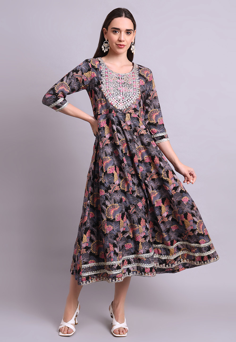 Black Cotton Printed Long Kurti 309673