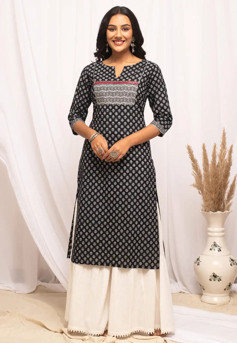 Black Cotton Printed Long Tunic 289024