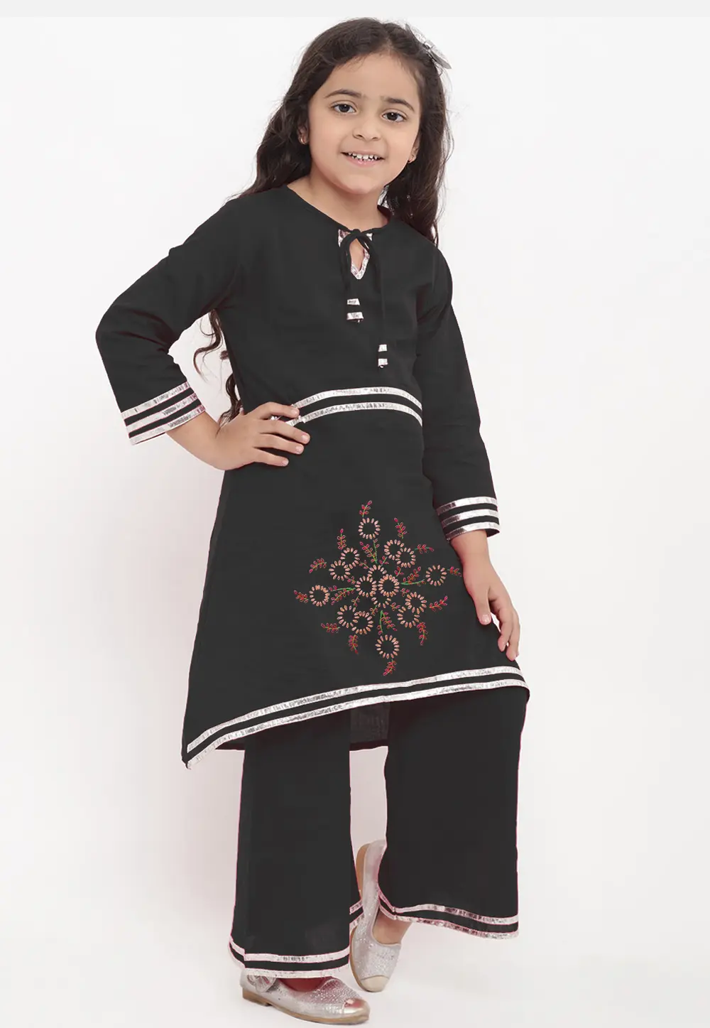 Black Cotton Rayon Kids Palazzo Suit 301828