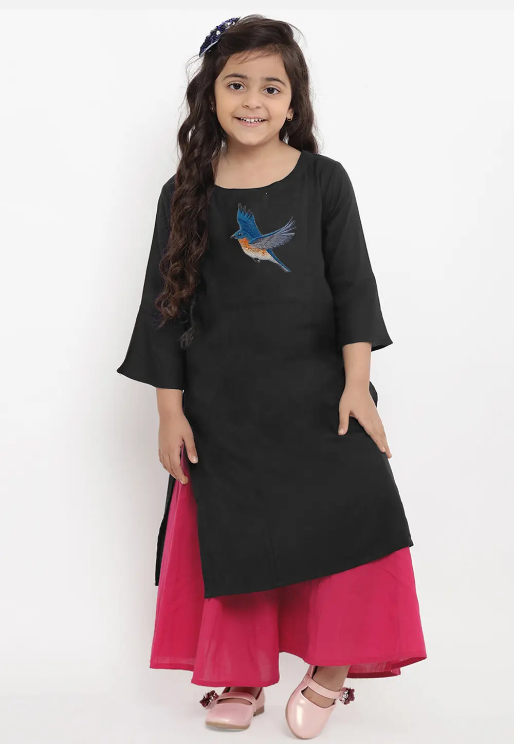 Black Cotton Rayon Kids Palazzo Suit 301832