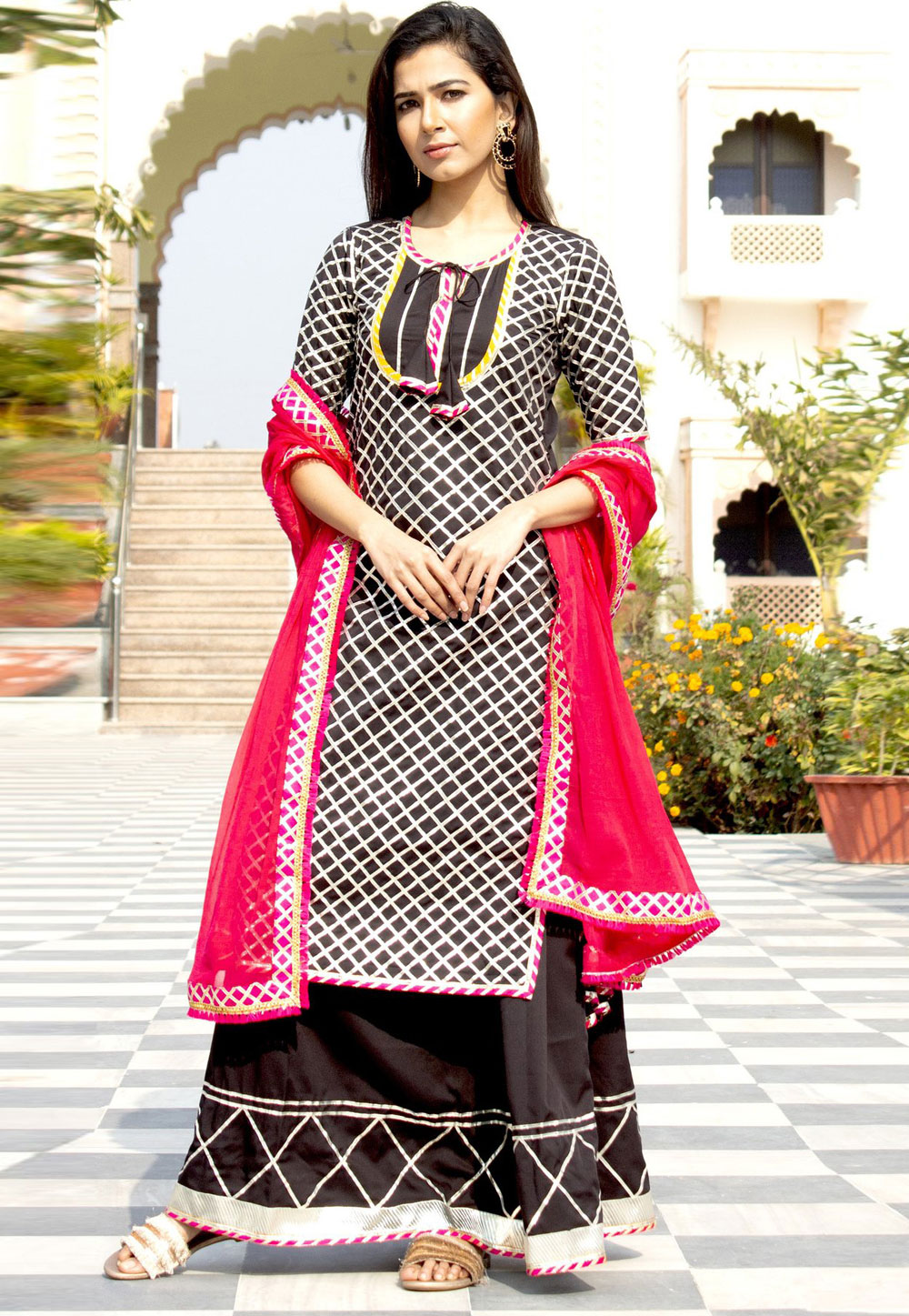 Black Cotton Rayon Readymade Palazzo Suit 310314