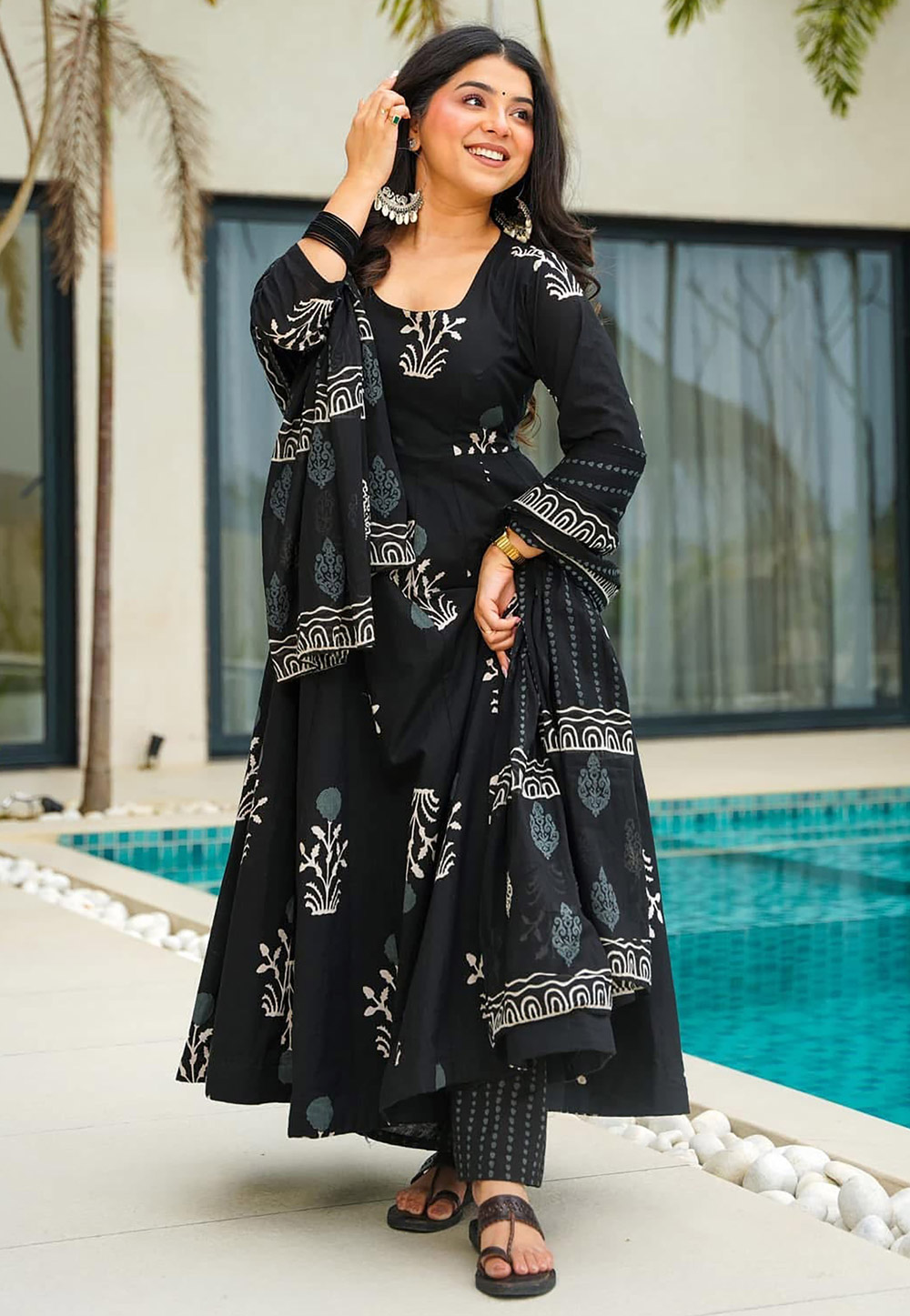 Black Cotton Readymade Anarkali Suit 309255