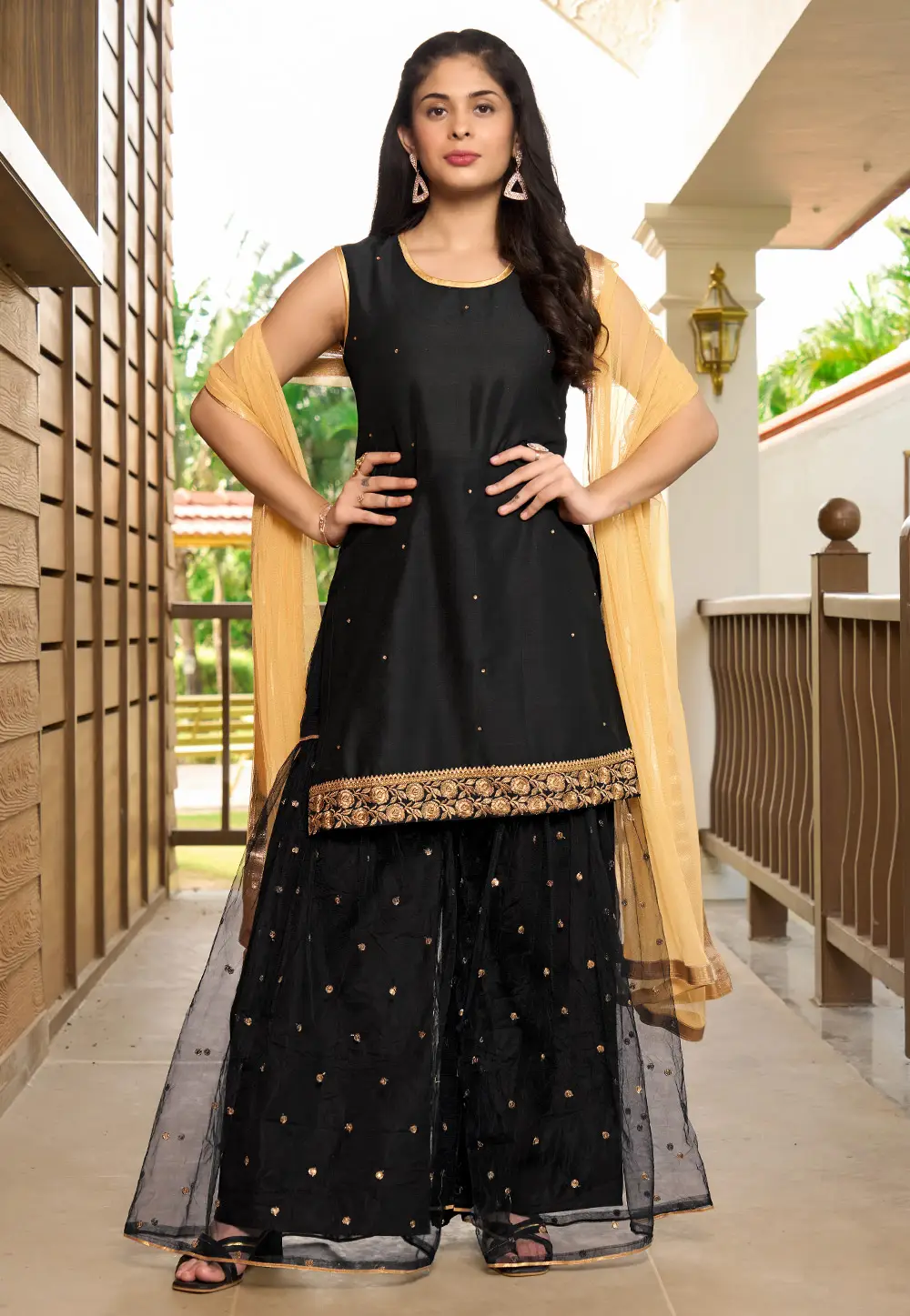 Black Cotton Readymade Palazzo Suit 296779