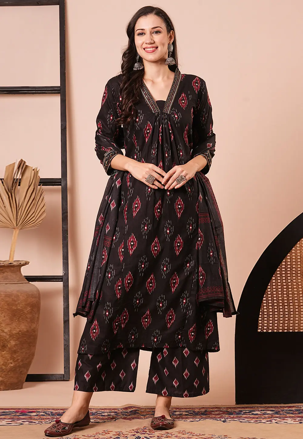 Black Cotton Readymade Palazzo Suit 300345