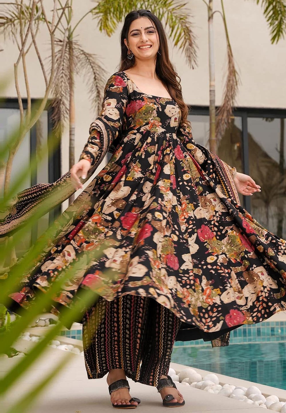 Black Cotton Readymade Palazzo Suit 309253