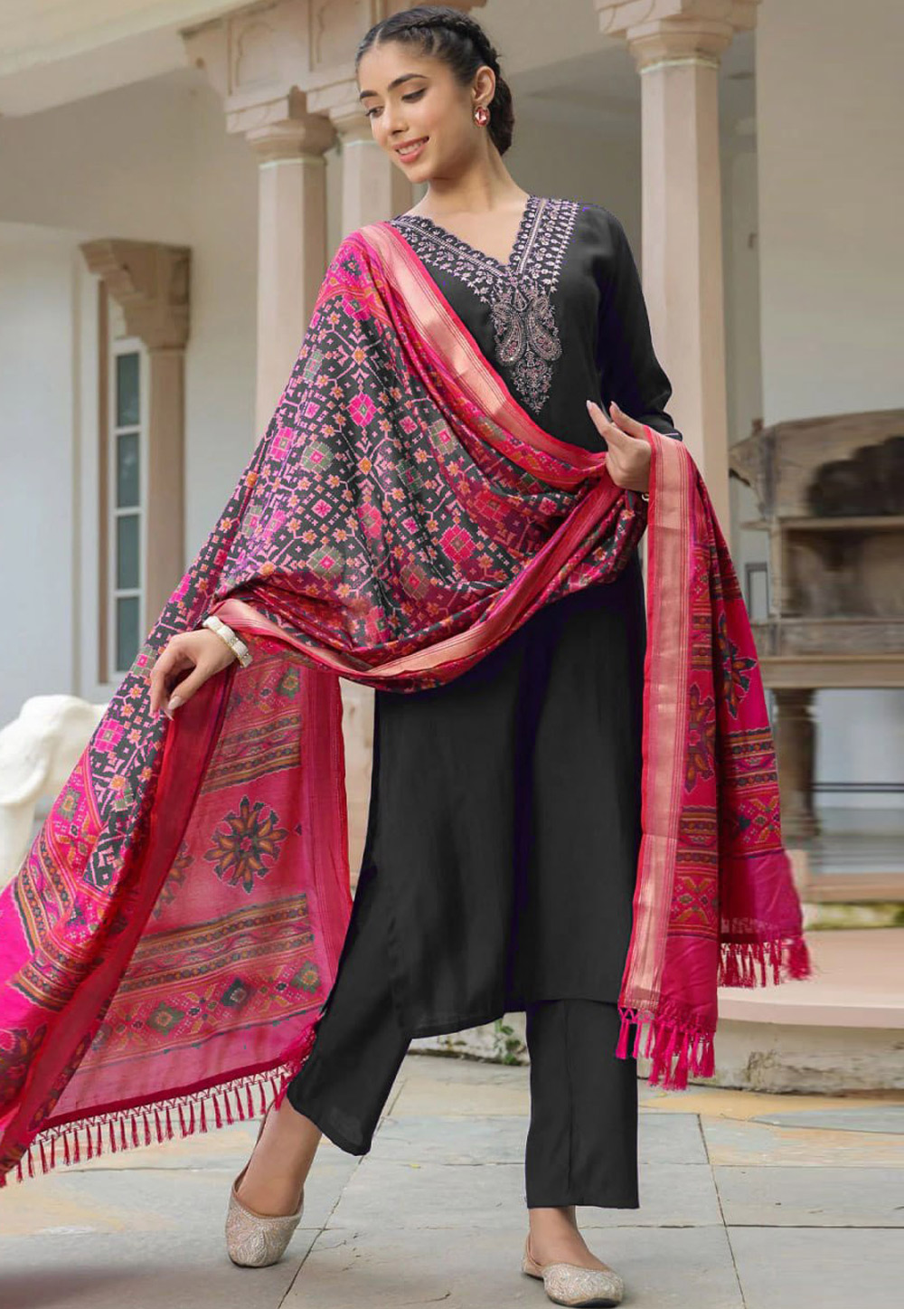 Black Cotton Readymade Pant Style Suit 309335