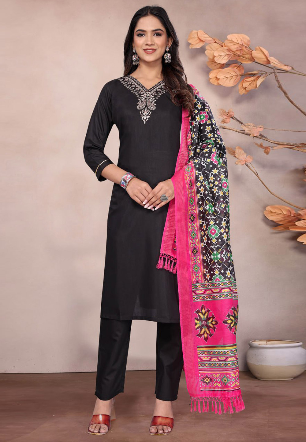 Black Cotton Readymade Pant Style Suit 306321