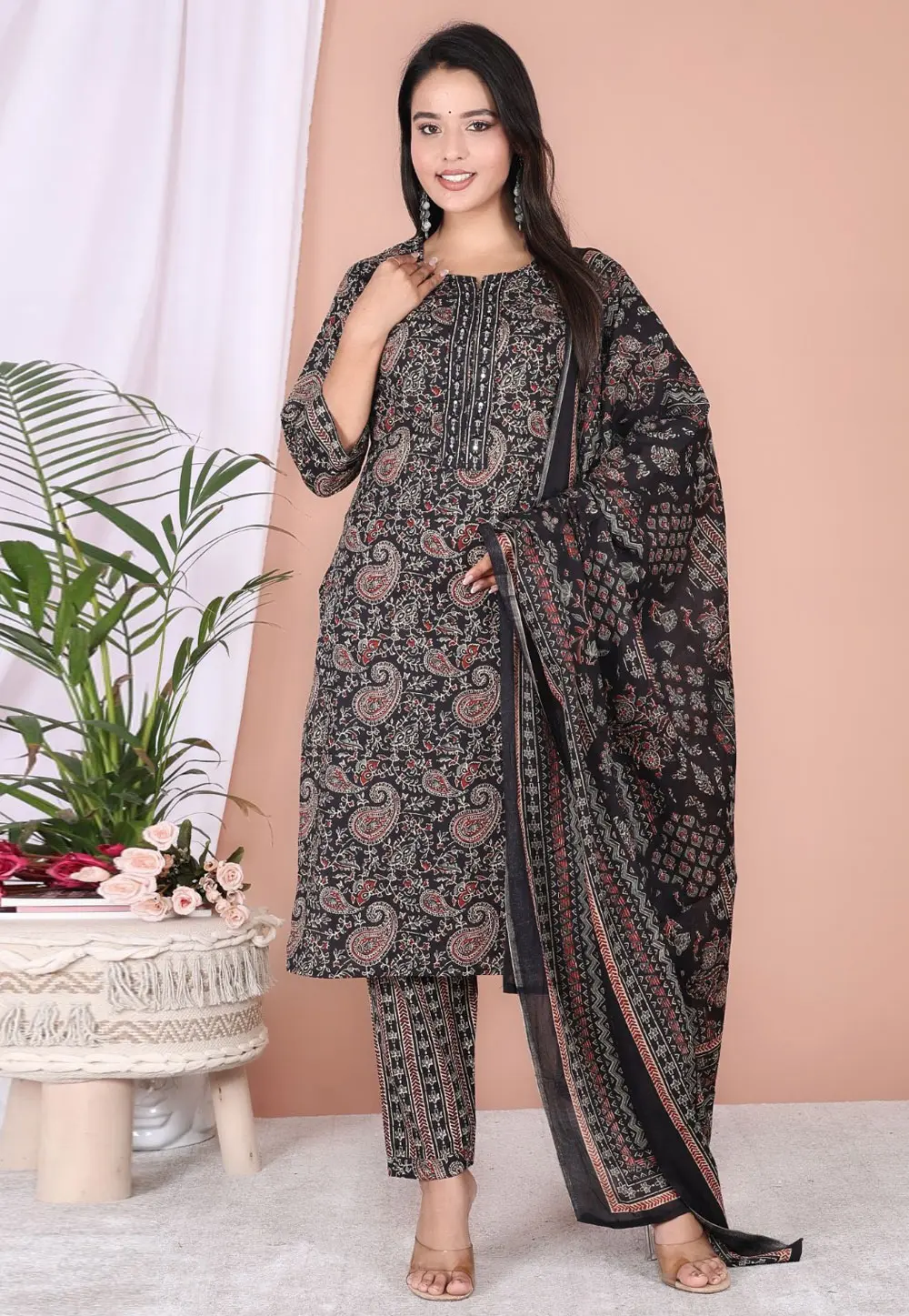 Black Cotton Readymade Pant Style Suit 304604