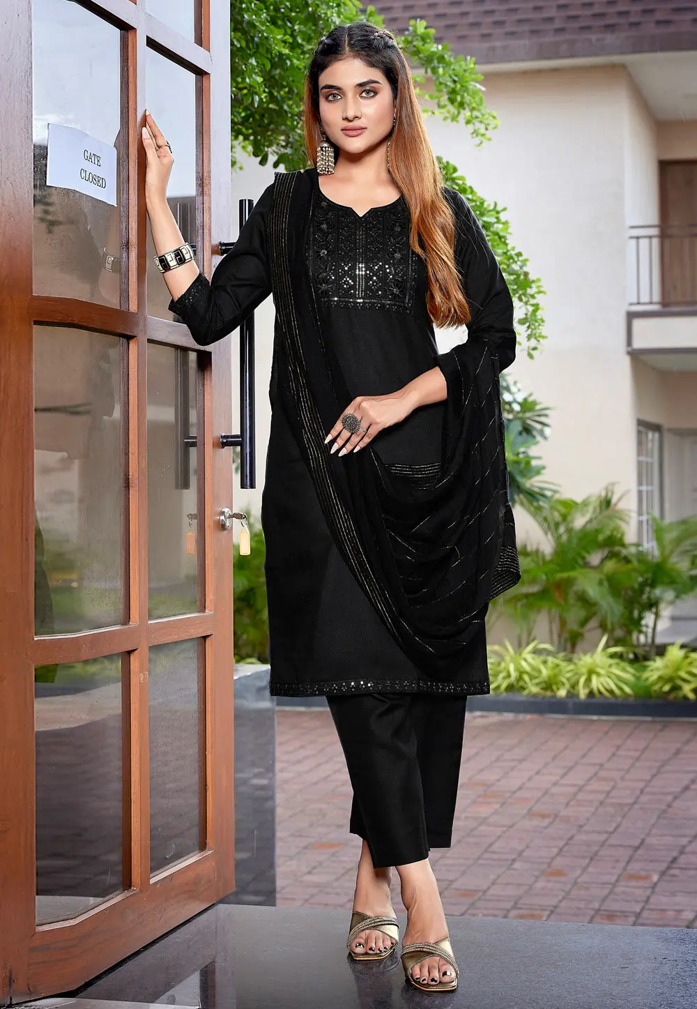 Black Cotton Readymade Pant Style Suit 303214