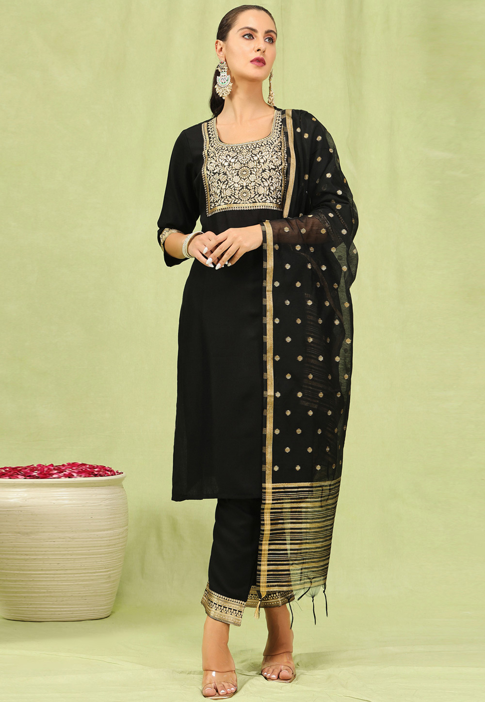 Black Cotton Readymade Pant Style Suit 310027