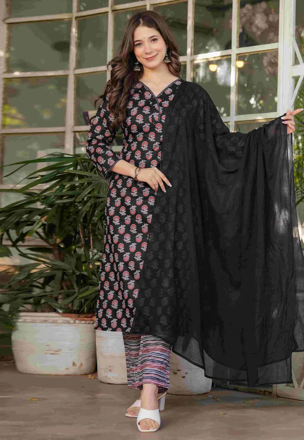 Black Cotton Readymade Pant Style Suit 303256