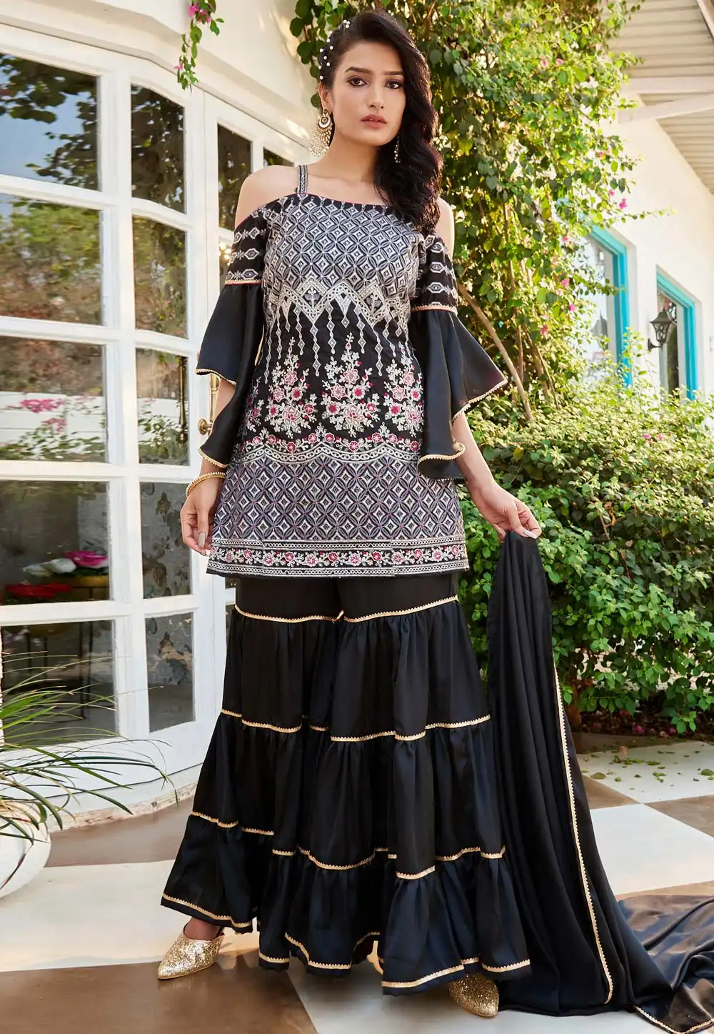 Black Cotton Readymade Sharara Suit 288963