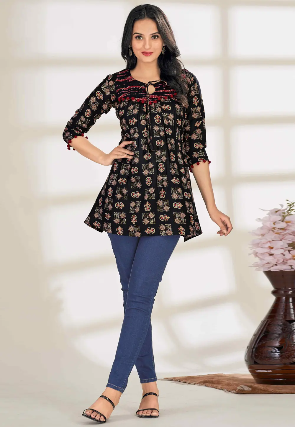 Black Cotton Short Kurti 302411