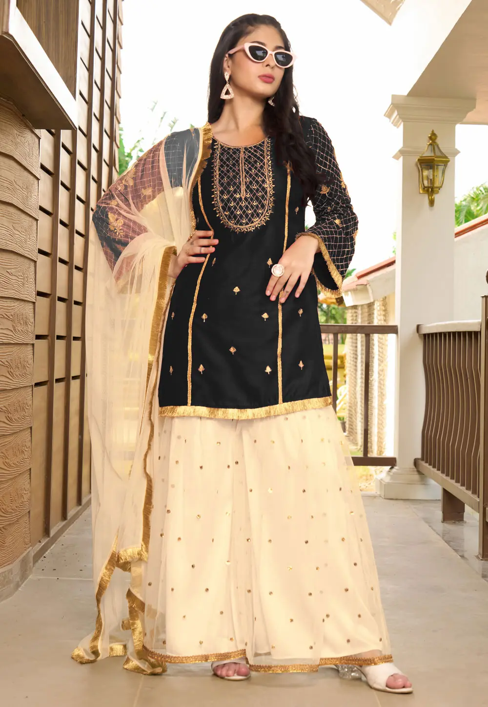 Black Cotton Silk Readymade Gharara Suit 300613