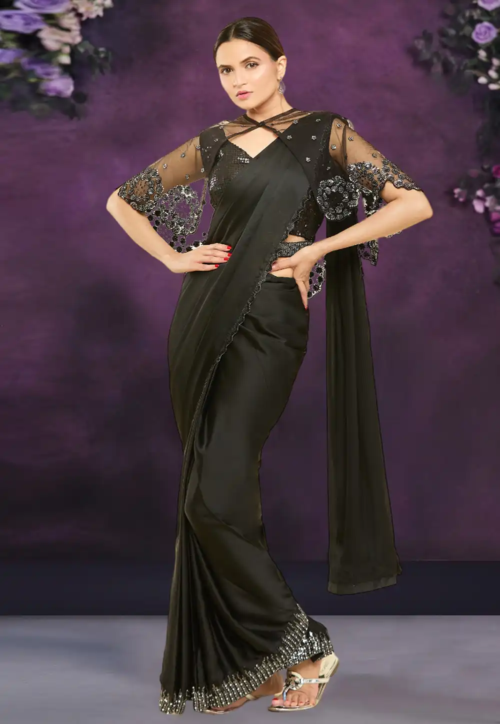 Black Crepe Designer Saree 293278